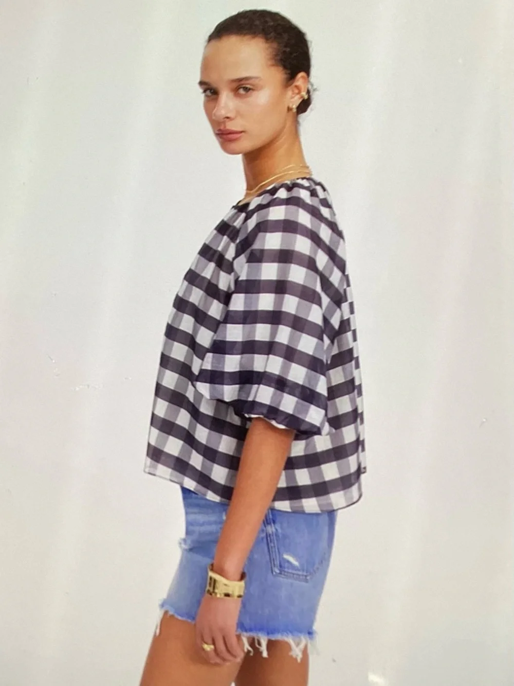 Madewell by J.Crew NEW Women’s Bubble Puff Sleeves Top Black White Gingham Sz 6